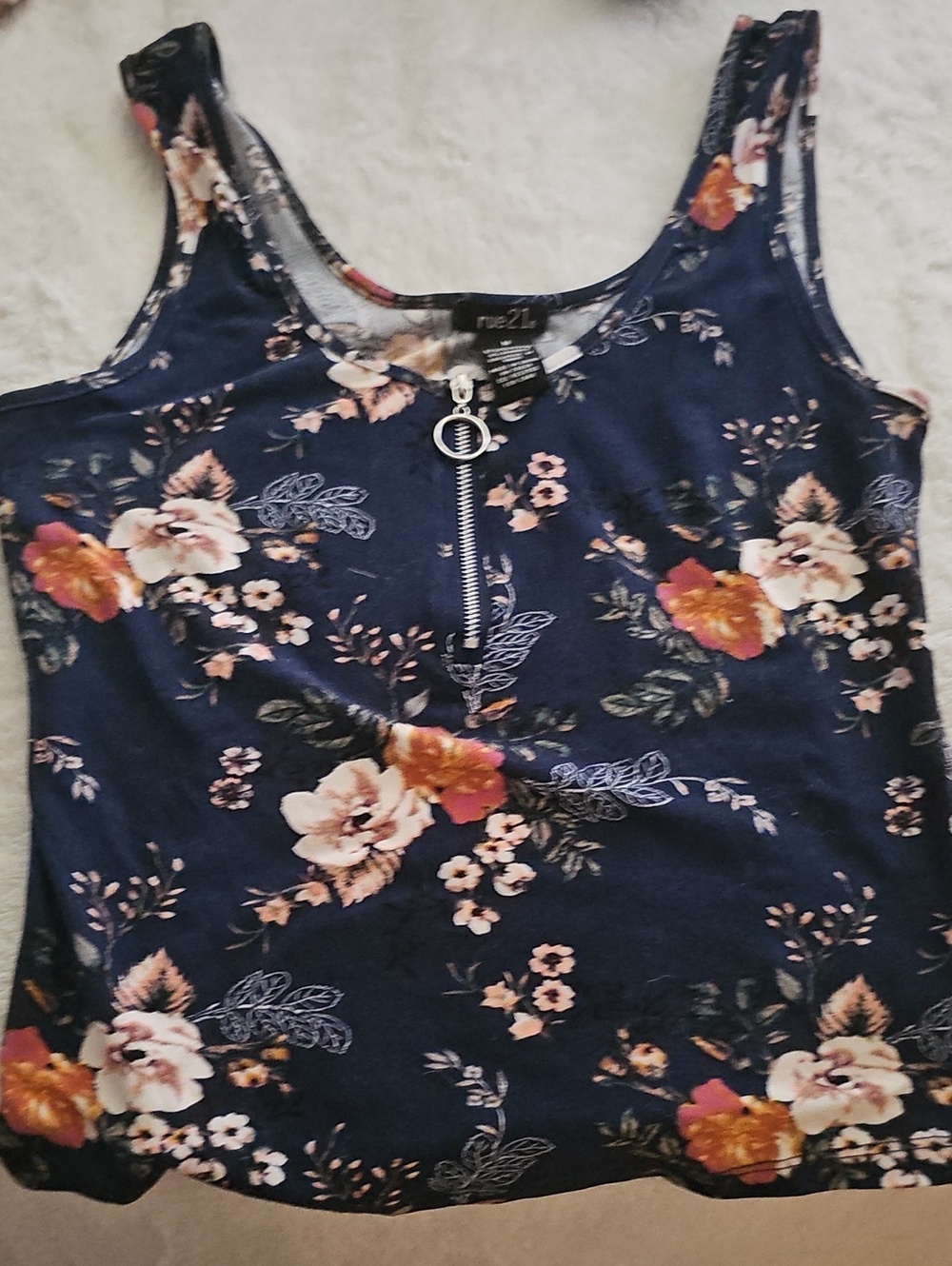 rue21 Navy Floral Tank Top with Front Ring Zip